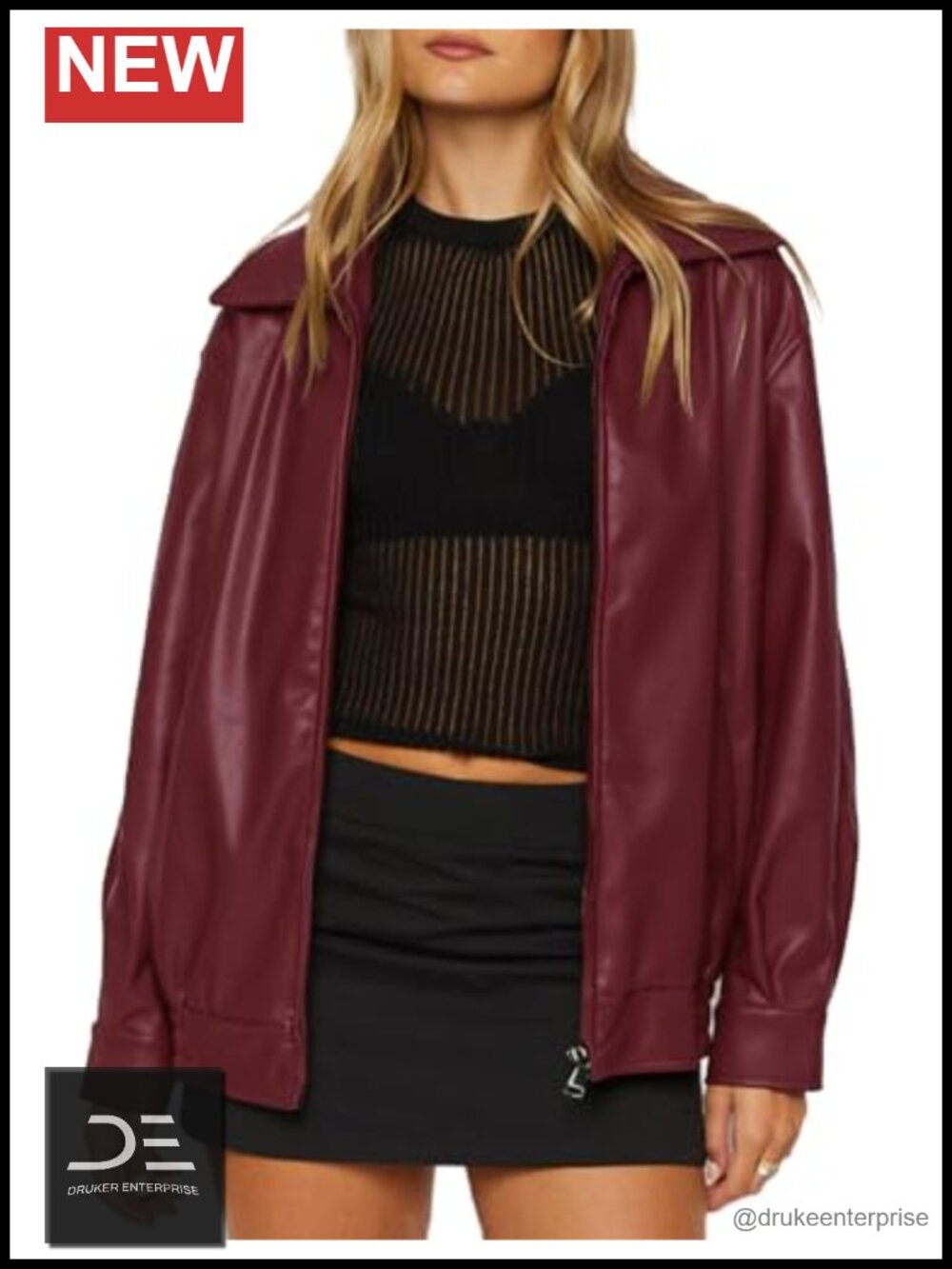 Oversized Faux Leather Bomber Jacket Moto Zip Up Coat